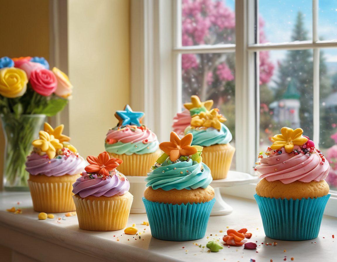 A whimsical bakery scene featuring a colorful display of gourmet sugar treats, including glittering cupcakes, intricately designed cookies, and towering sugar sculptures. The setting is bright and inviting, with pastel-colored frosting and whimsical decorations like flowers and stars. Soft sunlight filters through a window, enhancing the enchanting atmosphere. The style is vibrant and playful, evoking a sense of wonder and joy. super-realistic. vibrant colors.