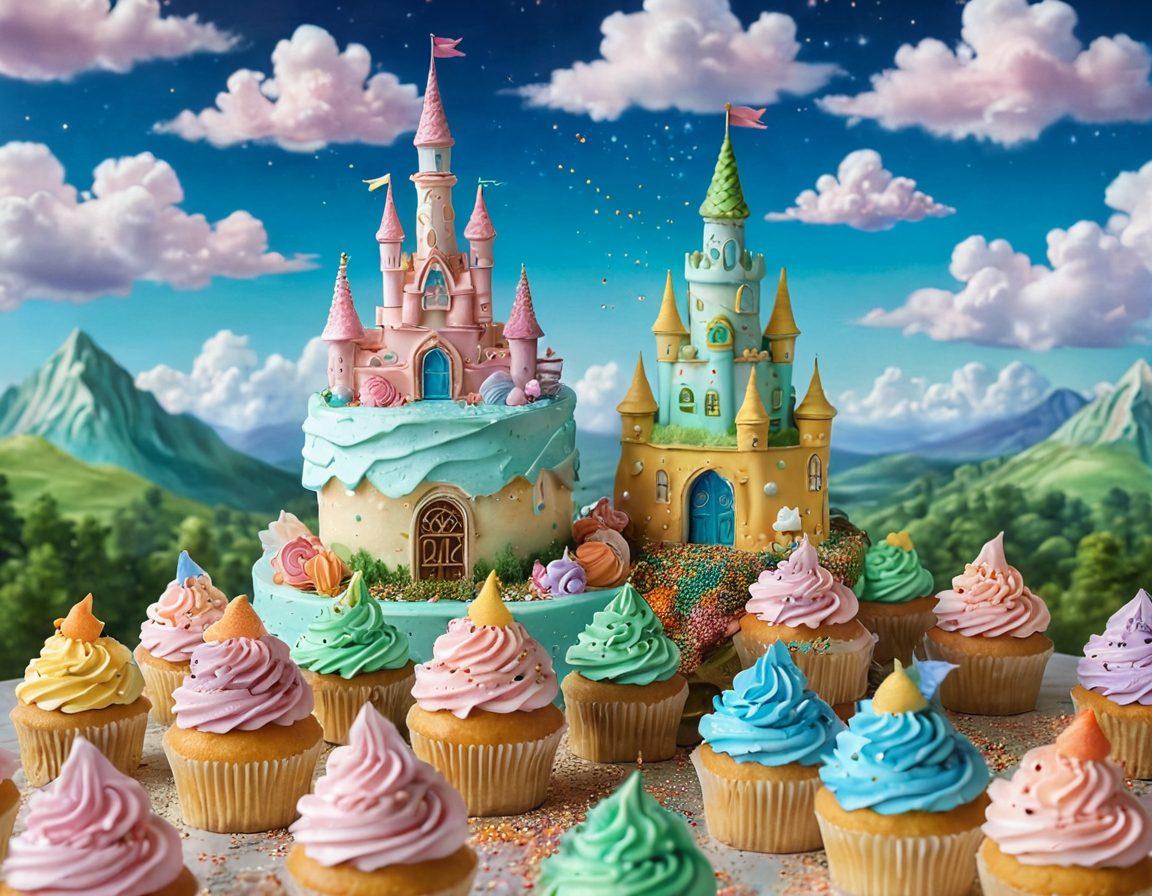 A magical dessert landscape featuring whimsical treats like colorful cupcakes, towering candy castles, and floating sugar clouds, all adorned with playful sprinkles and edible glitter. Include a dreamy pastel sky and lush green hills to set an enchanting atmosphere. The scene should exude a sense of wonder and joy, perfect for showcasing delightful desserts for any occasion. vibrant colors. fantasy art.