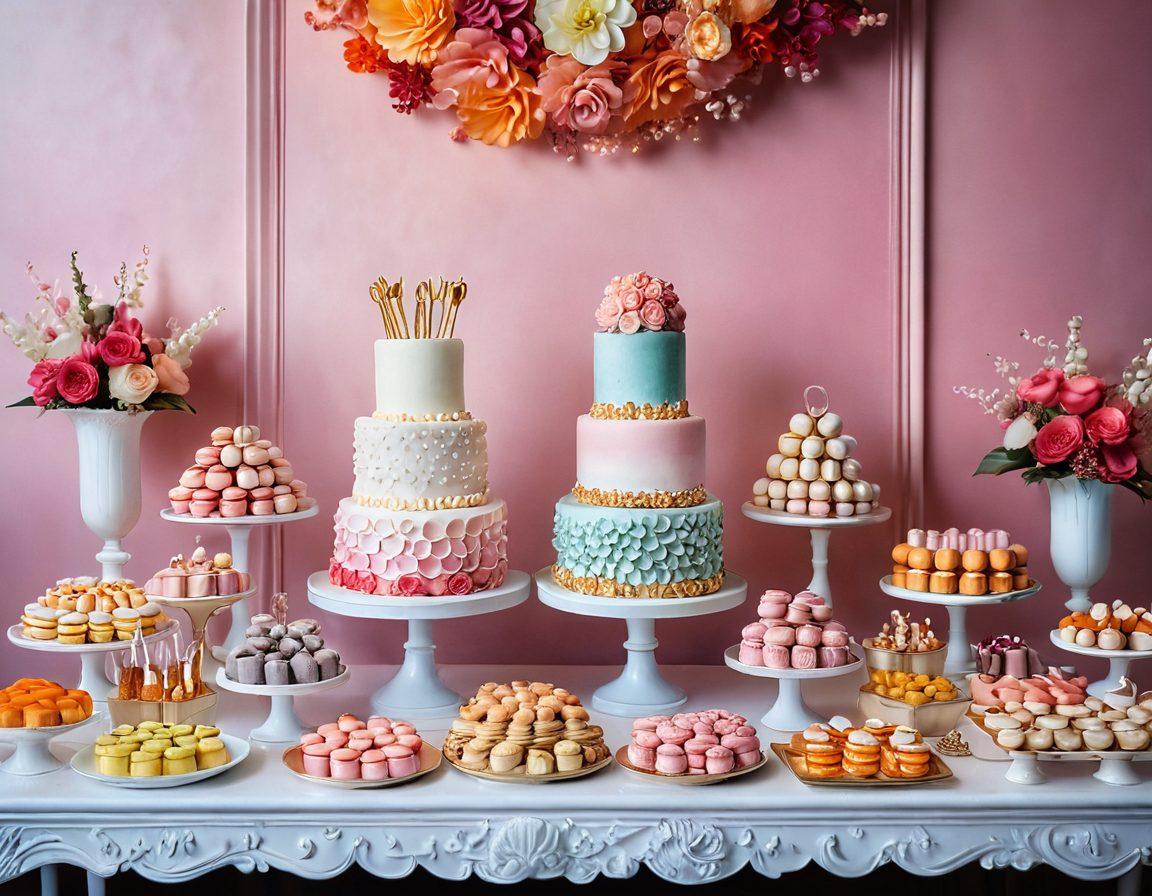 A beautifully arranged dessert table showcasing an array of gourmet sugar snacks, including intricate cakes, colorful macarons, and delicate sugar sculptures. The setting is bright and inviting, with soft lighting highlighting the textures of the sweets. Add decorative elements like fresh flowers and elegant serving ware to enhance the luxurious feel. The background features a subtle pastel gradient to give a dreamy quality. super-realistic. vibrant colors. elegant composition.